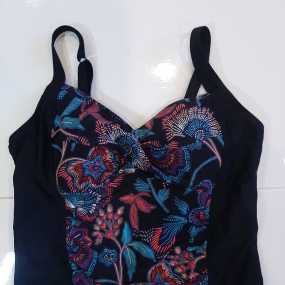 KRISTA One Piece Swimsuit Tropical Floral Panel Solid Black Tummy Control Modest - Picture 3 of 12